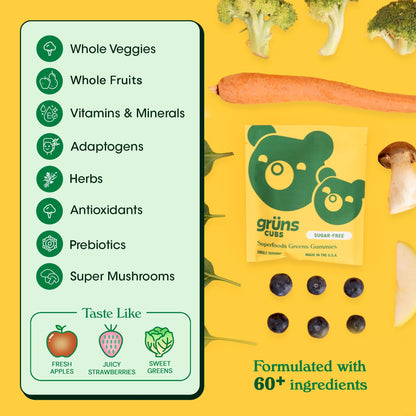Grüns Multivitamin for Kids – Sugar-Free Super Greens Gummies, 20+ Vitamins & 60 Ingredients, 28 ct