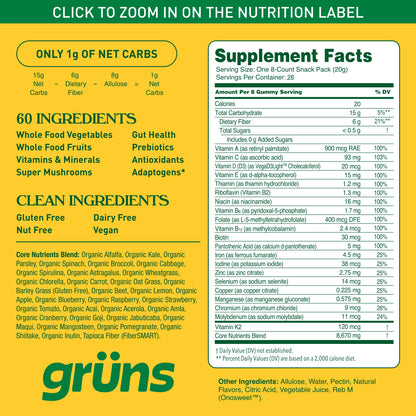 Grüns Adult Sugar-Free Super Greens Gummies – Multivitamin with 60+ Ingredients, 28 Daily Packets