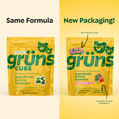 Grüns Kids Multivitamin Gummies – 20+ Vitamins & Minerals, Super Greens with Spirulina & Prebiotics | 28ct