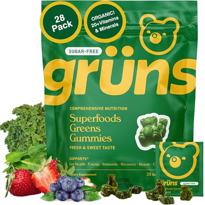 Grüns Adult Sugar-Free Super Greens Gummies – Multivitamin with 60+ Ingredients, 28 Daily Packets