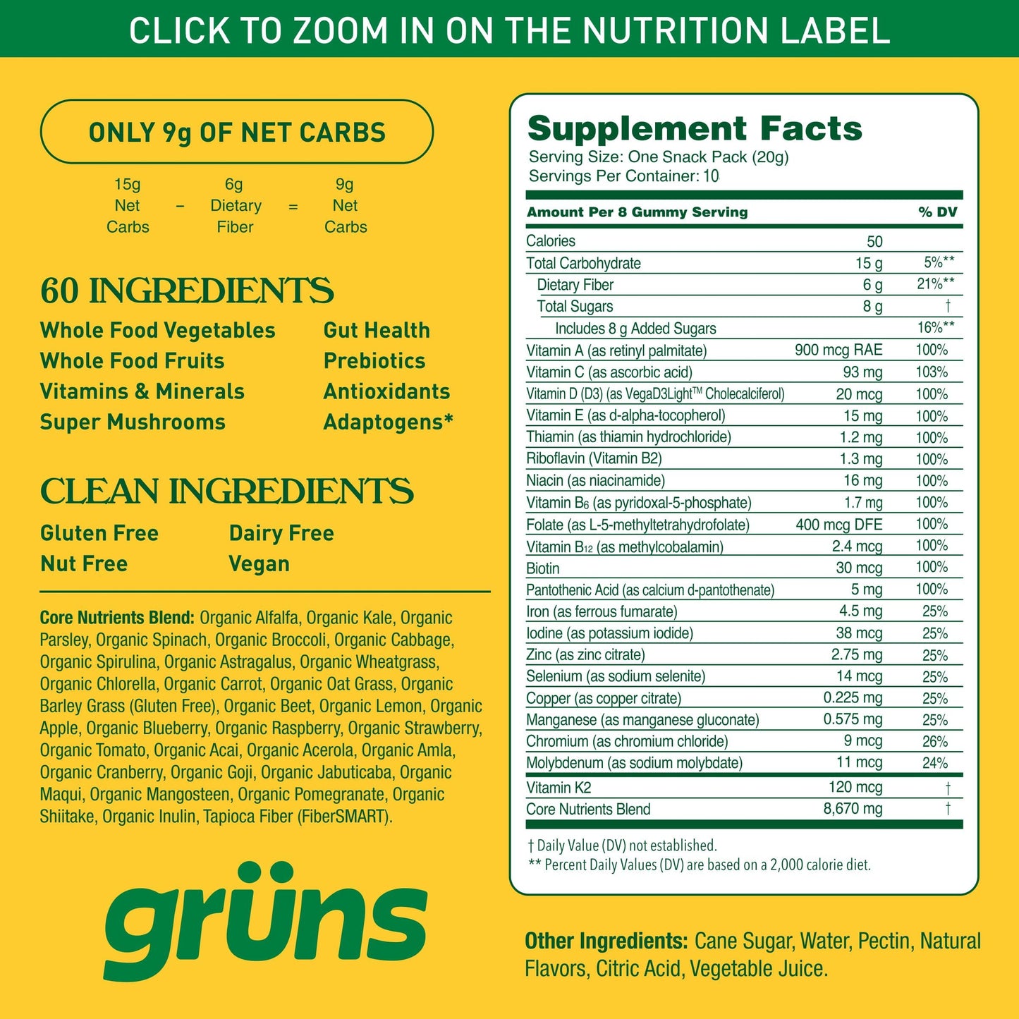 Grüns Adults Super Greens Gummies – Multivitamin, Digestive Health, Adaptogens