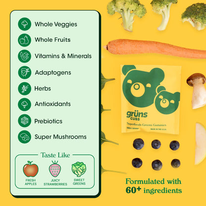 Grüns Kids Multivitamin Gummies – 20+ Vitamins & Minerals, Super Greens with Spirulina & Prebiotics | 28ct