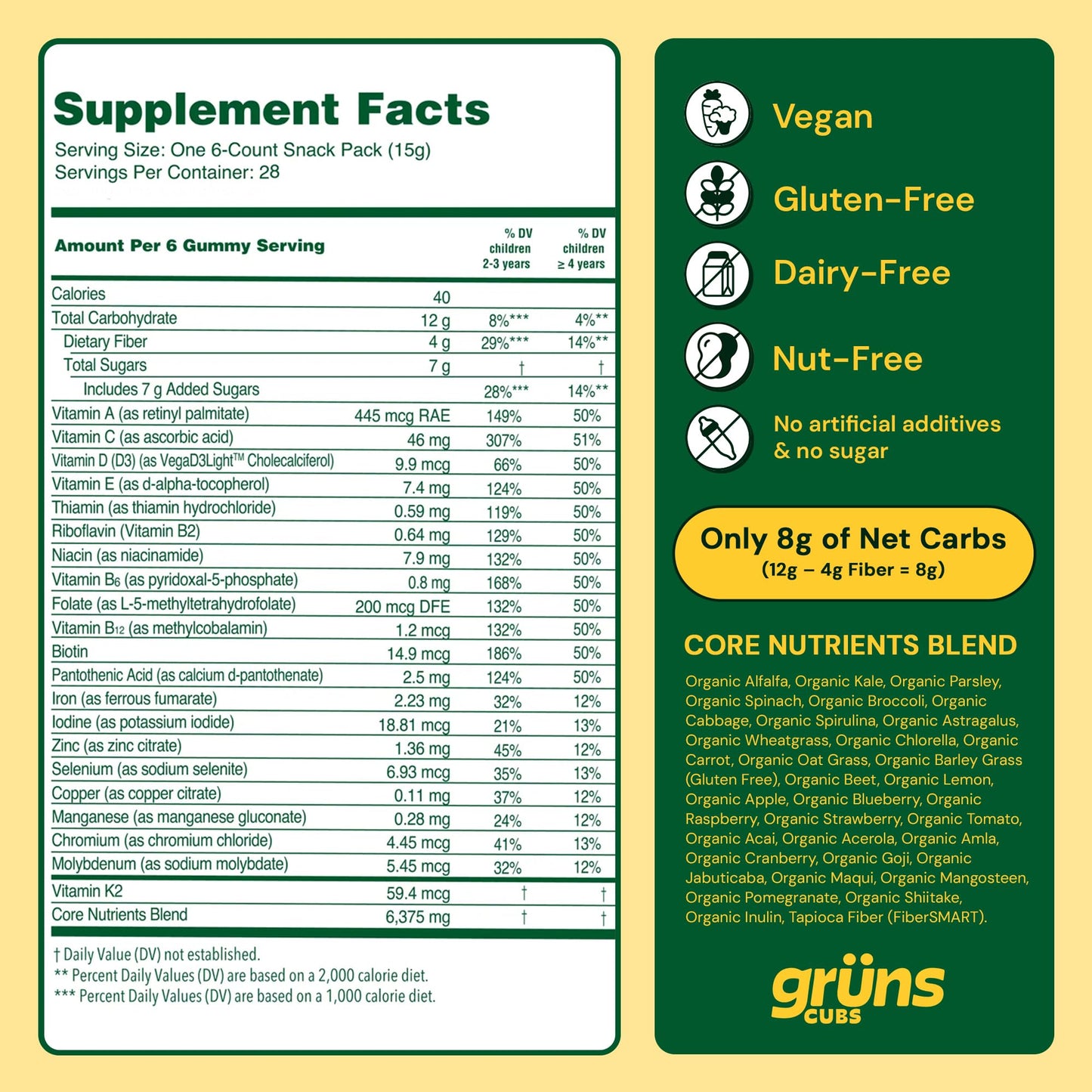 Grüns Kids Multivitamin Gummies – 20+ Vitamins & Minerals, Super Greens with Spirulina & Prebiotics | 28ct
