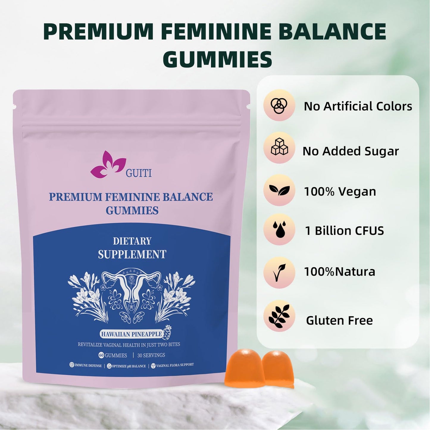 GUITI Premium Feminine Balance Gummies for Women – Pineapple Probiotic, Vegan & Gluten-Free, 60 Gummies