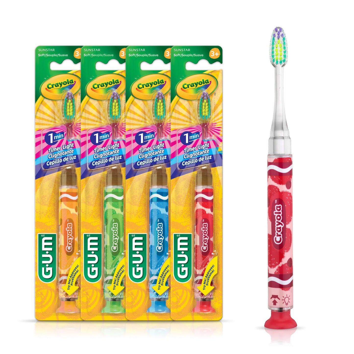 GUM Crayola Timer Light Toothbrush for Kids – 4 Pack | Soft Bristles, Suction Cup Base