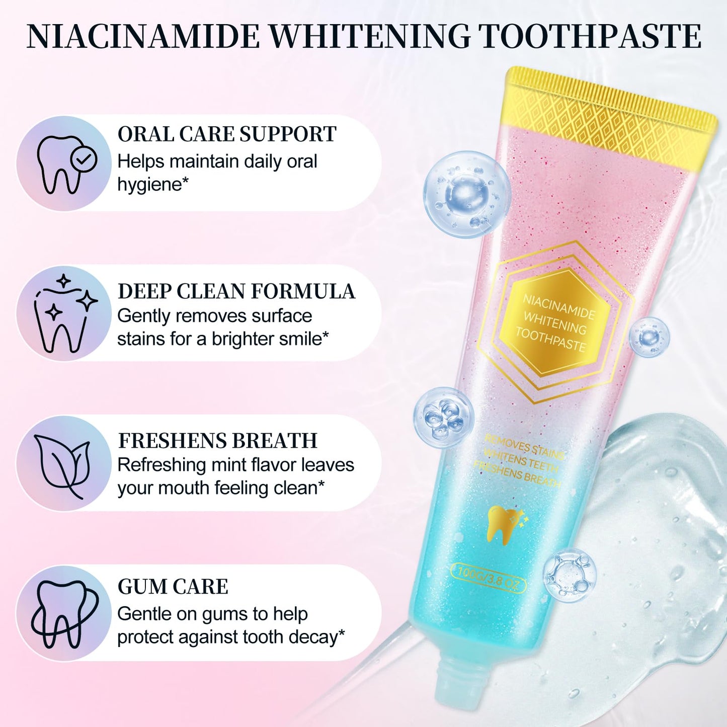 Niacinamide Whitening Toothpaste – Mint & Peach, 3.53oz | Whitening & Gum Health