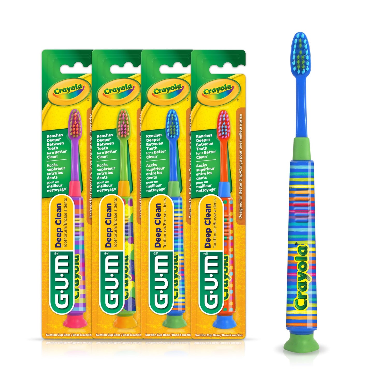 GUM Crayola Deep Clean Kids Toothbrushes – Ultra-Soft, Suction Cup (Ages 4-9) Pack of 4