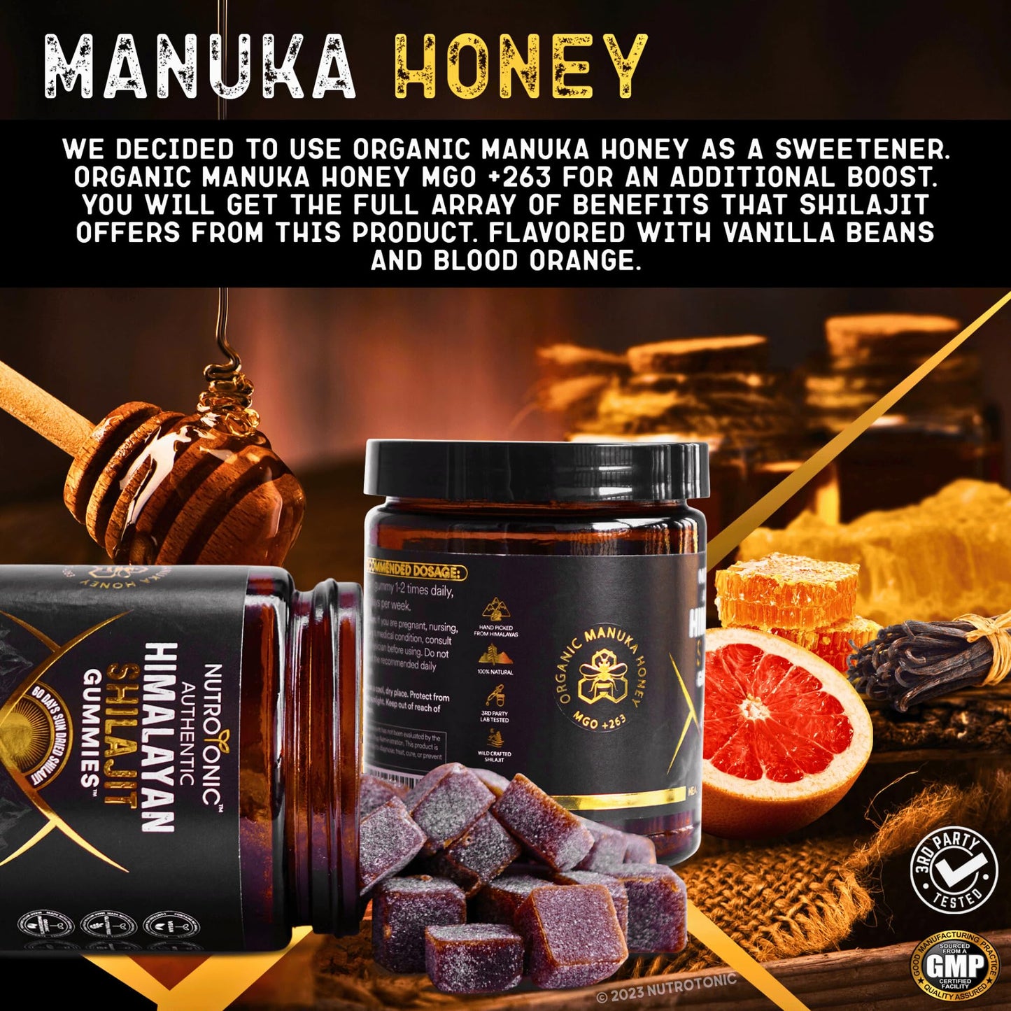 Organic SHILAJIT Gummies by NutroTonic | Cane Sugar Free, Organic Manuka Honey | 30 Gummies