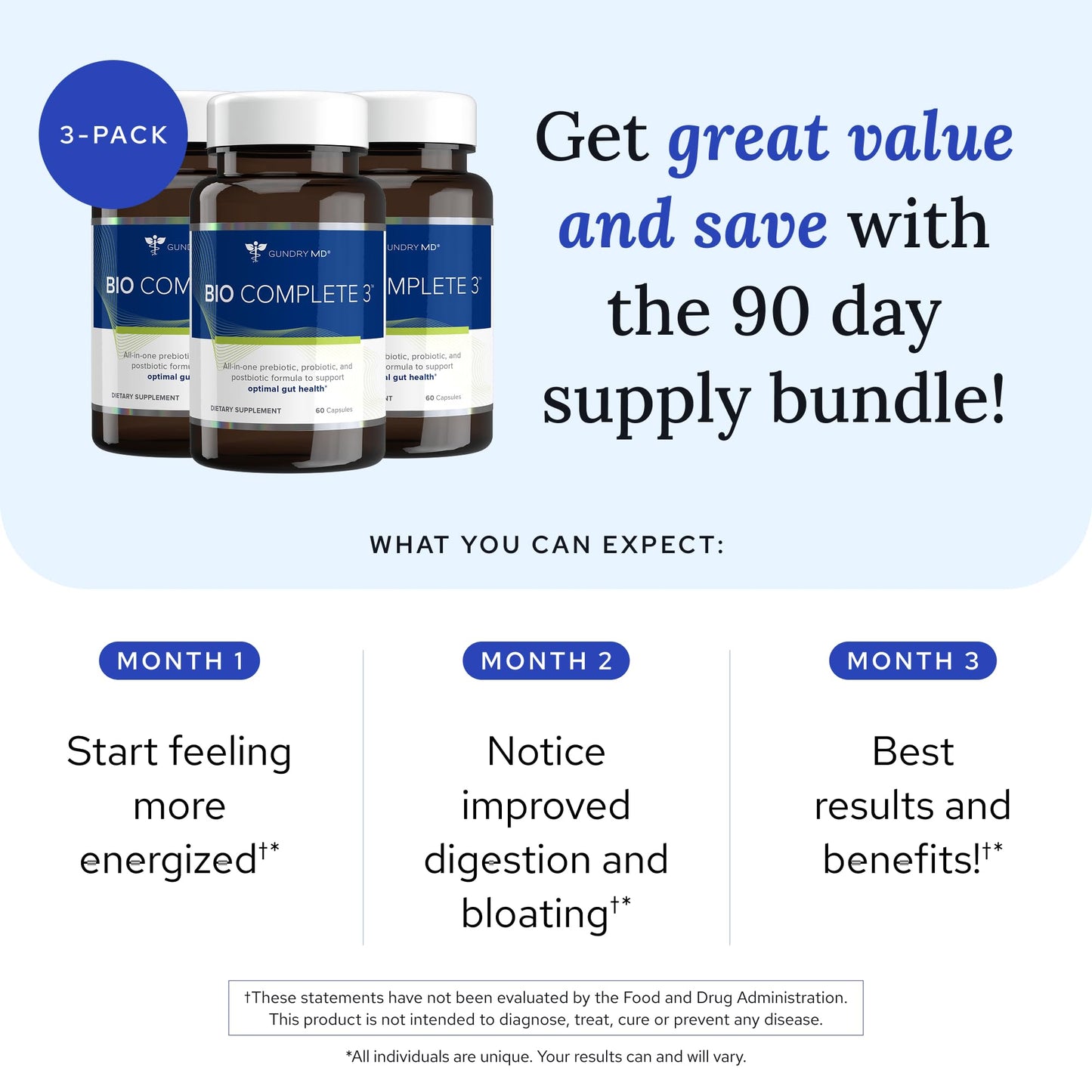 Gundry MD Bio Complete 3 — 3-in-1 Prebiotic, Probiotic, Postbiotic for Gut Health (90-Day Supply)