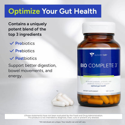 Gundry MD Bio Complete 3 — 3-in-1 Prebiotic, Probiotic, Postbiotic for Gut Health (90-Day Supply)