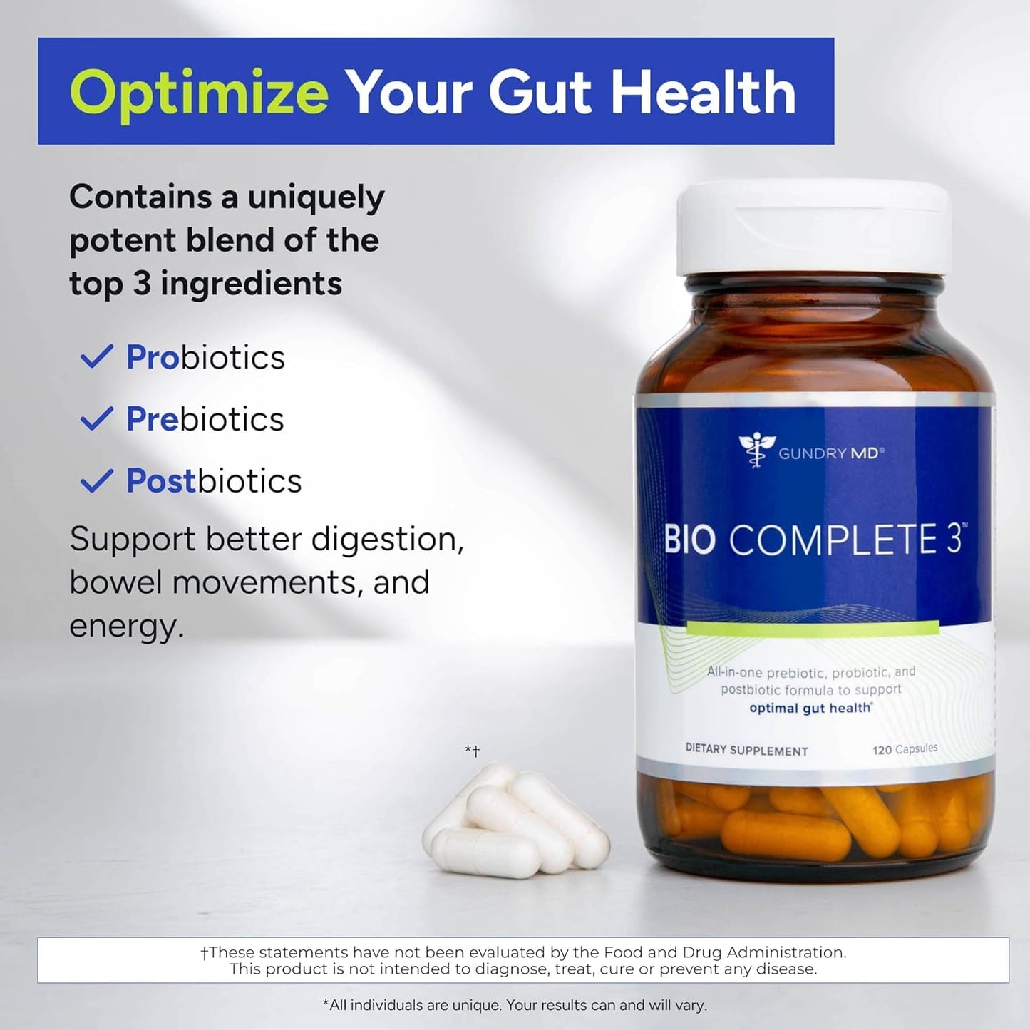 Gundry MD Bio Complete 3 — 3-in-1 Prebiotic, Probiotic, Postbiotic for Gut Health (90-Day Supply)