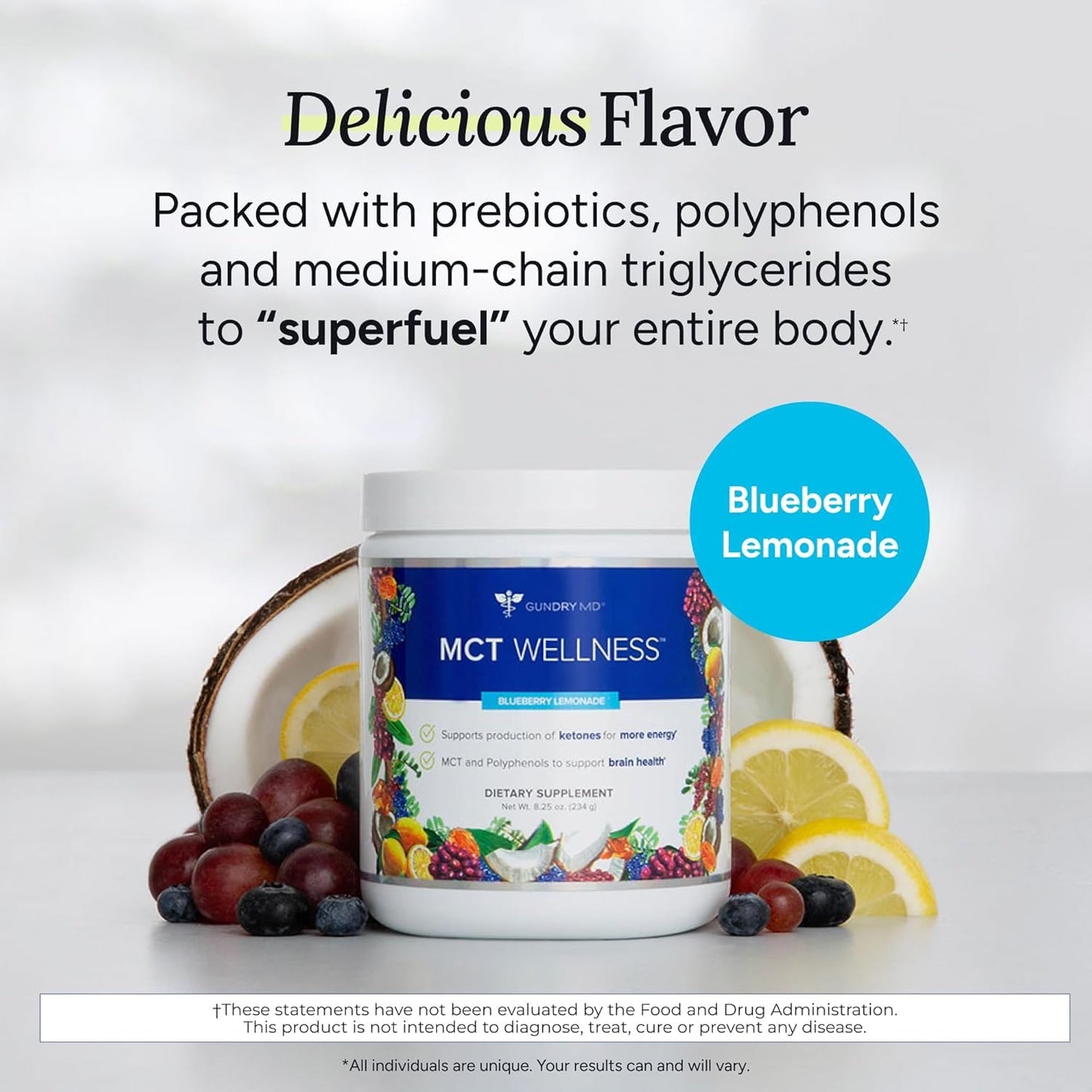 Gundry MD MCT Wellness Powder – Energy, Ketone Support & Brain Health | Keto Friendly, Sugar Free (90 Day Supply) – Blueberry Lemonade