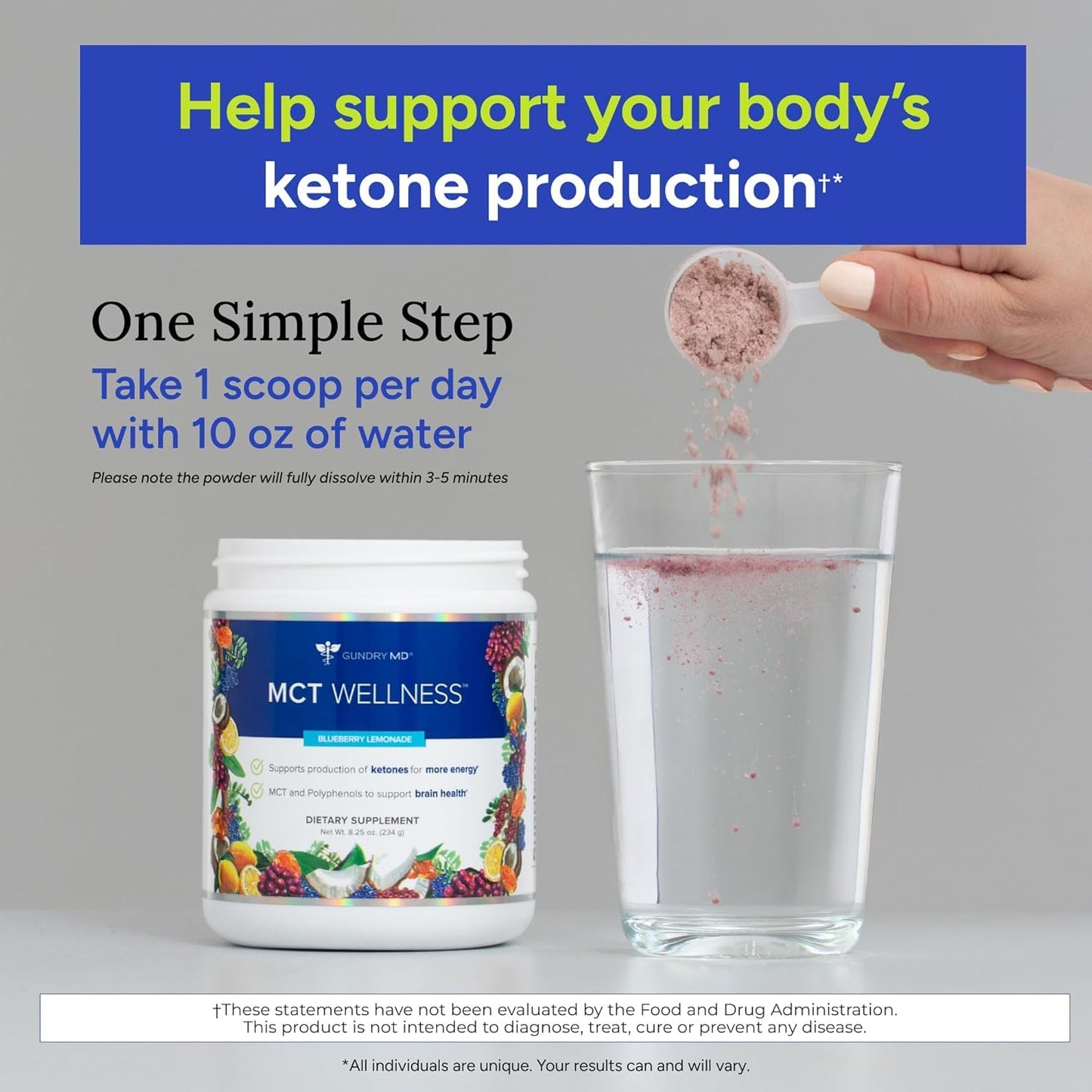 Gundry MD MCT Wellness Powder – Energy, Ketone Support & Brain Health | Keto Friendly, Sugar Free (90 Day Supply) – Blueberry Lemonade