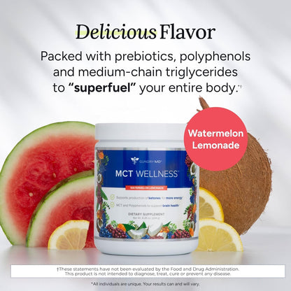 Gundry MD MCT Wellness Powder – Energy, Ketone Support, Brain Health, Sugar Free | Watermelon Lemonade, 90 Day Supply