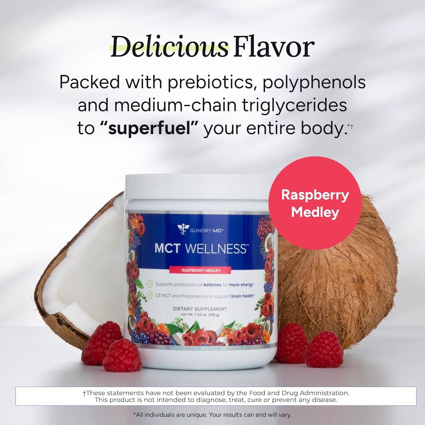 Gundry MD MCT Wellness Powder Raspberry Medley – Energy, Ketone Support, Sugar Free (90 Day Supply)