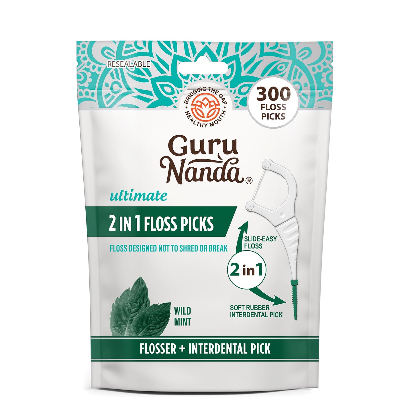 GuruNanda 2-in-1 Dental Floss Picks – 300 Count, Mint Flavor, Non-Slip Grip