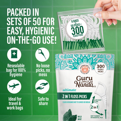 GuruNanda 2-in-1 Dental Floss Picks – 300 Count, Mint Flavor, Non-Slip Grip