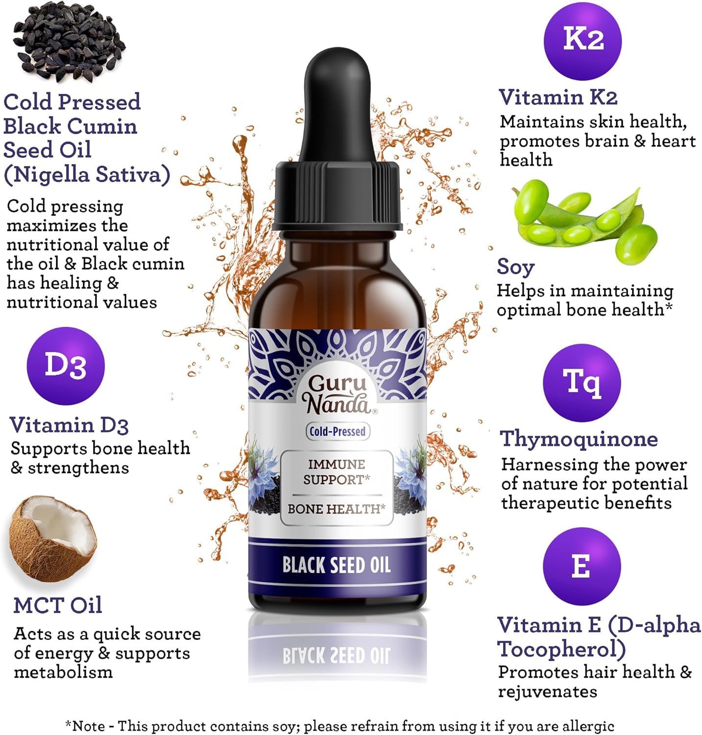 GuruNanda Black Seed Oil – Cold-Pressed Nigella Sativa, Vitamin D3 5000 IU, Vitamin K2 & E | Non-GMO, 2 fl oz
