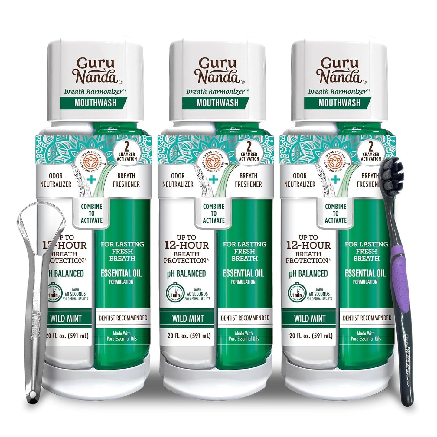 GuruNanda Dual Barrel Breath Harmonizer Mouthwash – Wild Mint, 3 Pack, Alcohol-Free & Fluoride-Free