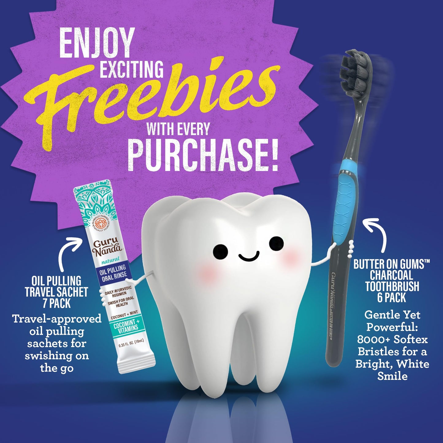 GuruNanda Total Smile Makeover Kit – Charcoal, Cocomint Oil Pulling, Whitening Mouthwash, Strips & Charcoal Toothbrushes