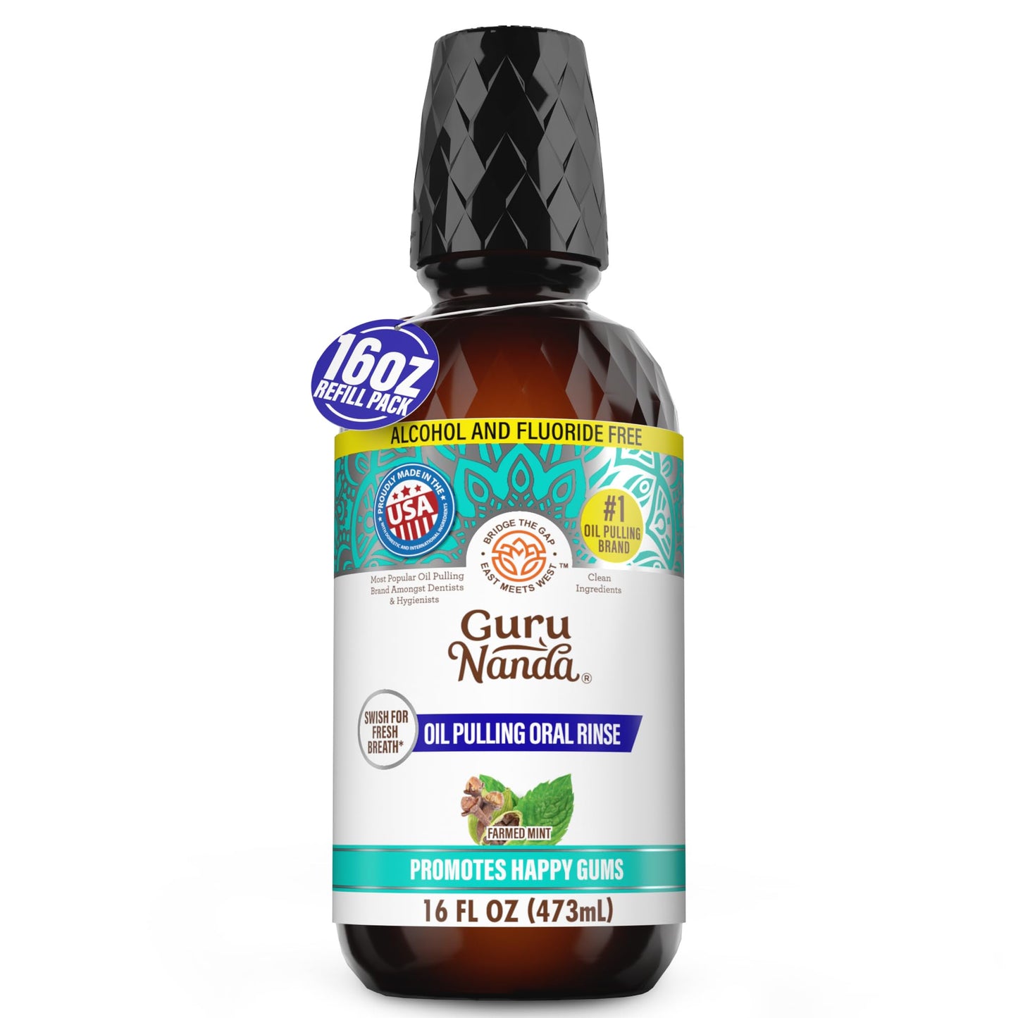 GuruNanda CocoMint Oil Pulling Mouthwash – 16 oz, 7 Essential Oils & Vitamins, Alcohol-Free