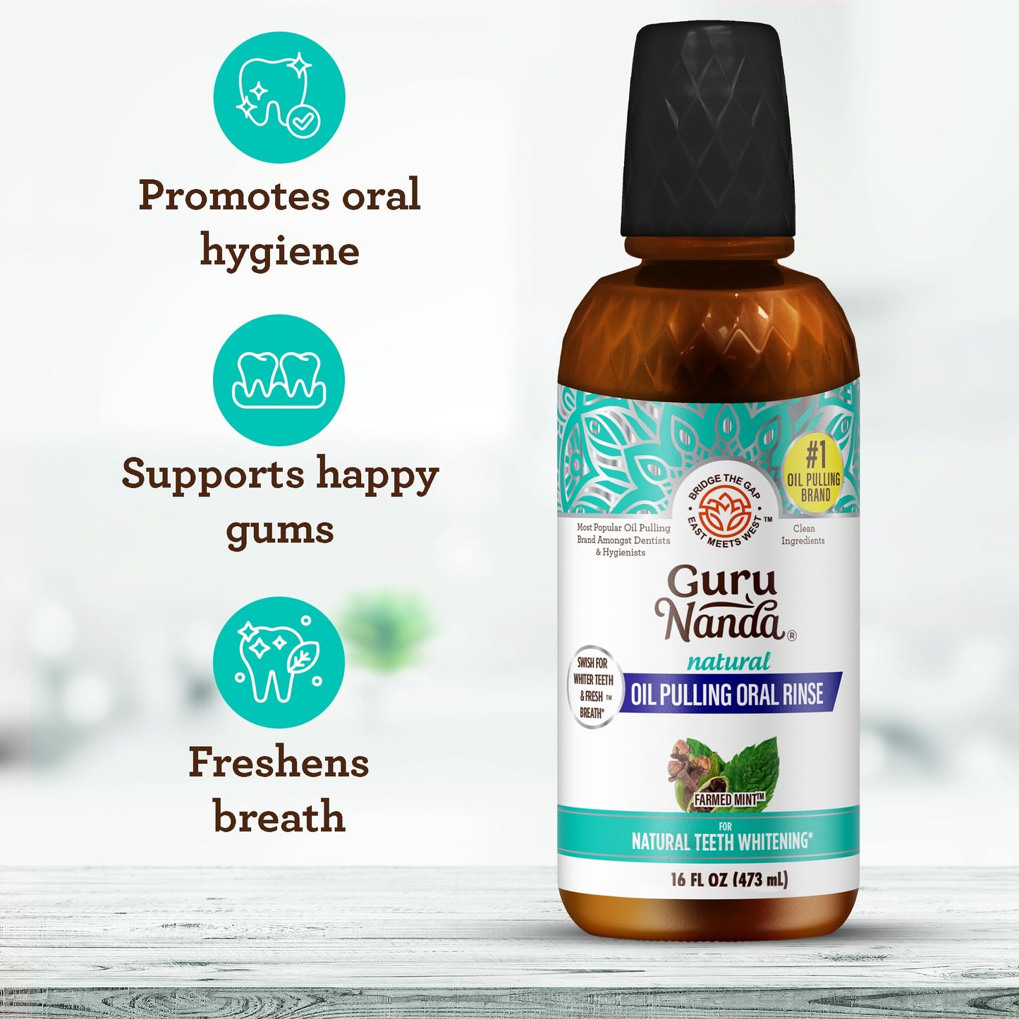 GuruNanda CocoMint Oil Pulling Mouthwash – 16 oz, 7 Essential Oils & Vitamins, Alcohol-Free