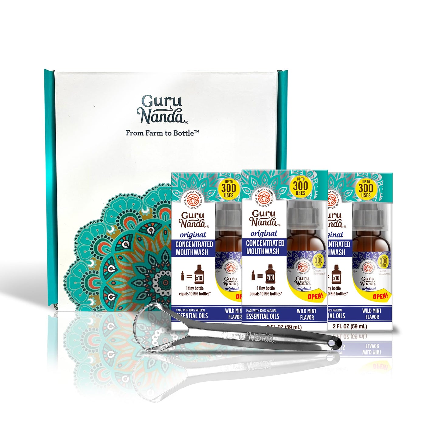 GuruNanda Concentrated Mouthwash (3x2 fl oz) - 300 Rinses, Fluoride-Free Mint with Essential Oils