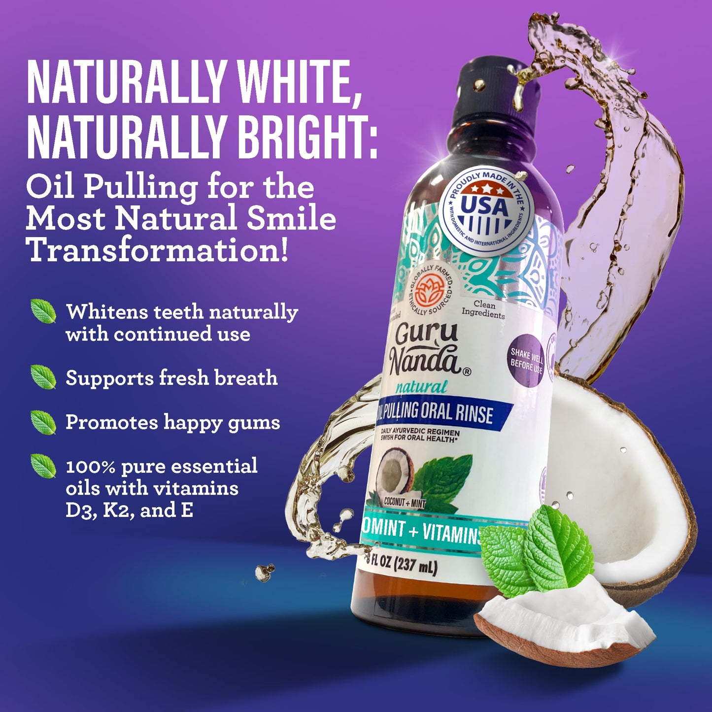 GuruNanda Total Smile Makeover Kit – Charcoal, Cocomint Oil Pulling, Whitening Mouthwash, Strips & Charcoal Toothbrushes