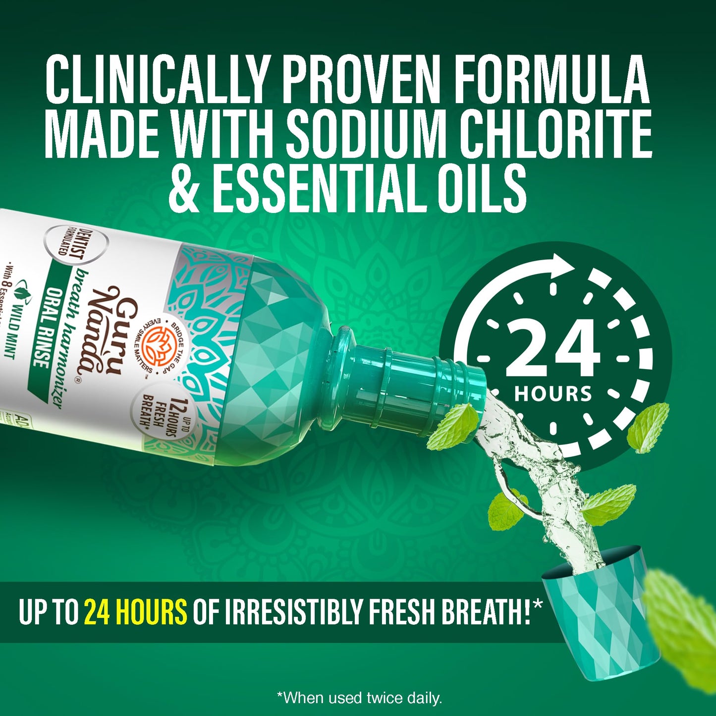 GuruNanda Fresh Breath Mouthwash - ADA-Approved, Alcohol & Fluoride-Free, Wild Mint 32 oz (2-Pack)