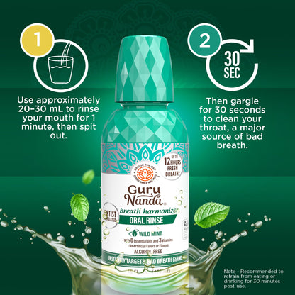 GuruNanda Fresh Breath Mouthwash - ADA-Approved, Alcohol & Fluoride-Free, Wild Mint 32 oz (2-Pack)