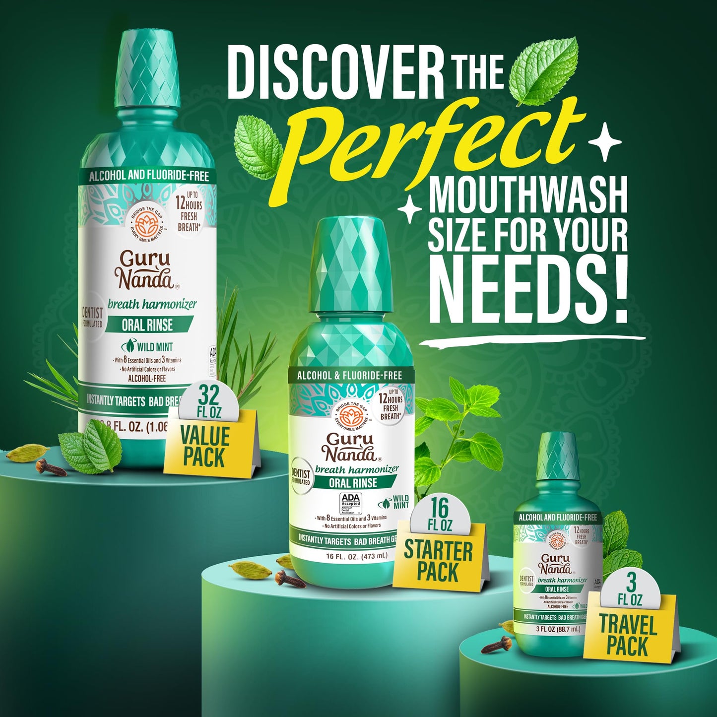GuruNanda Fresh Breath Mouthwash - ADA-Approved, Alcohol & Fluoride-Free, Wild Mint 32 oz (2-Pack)