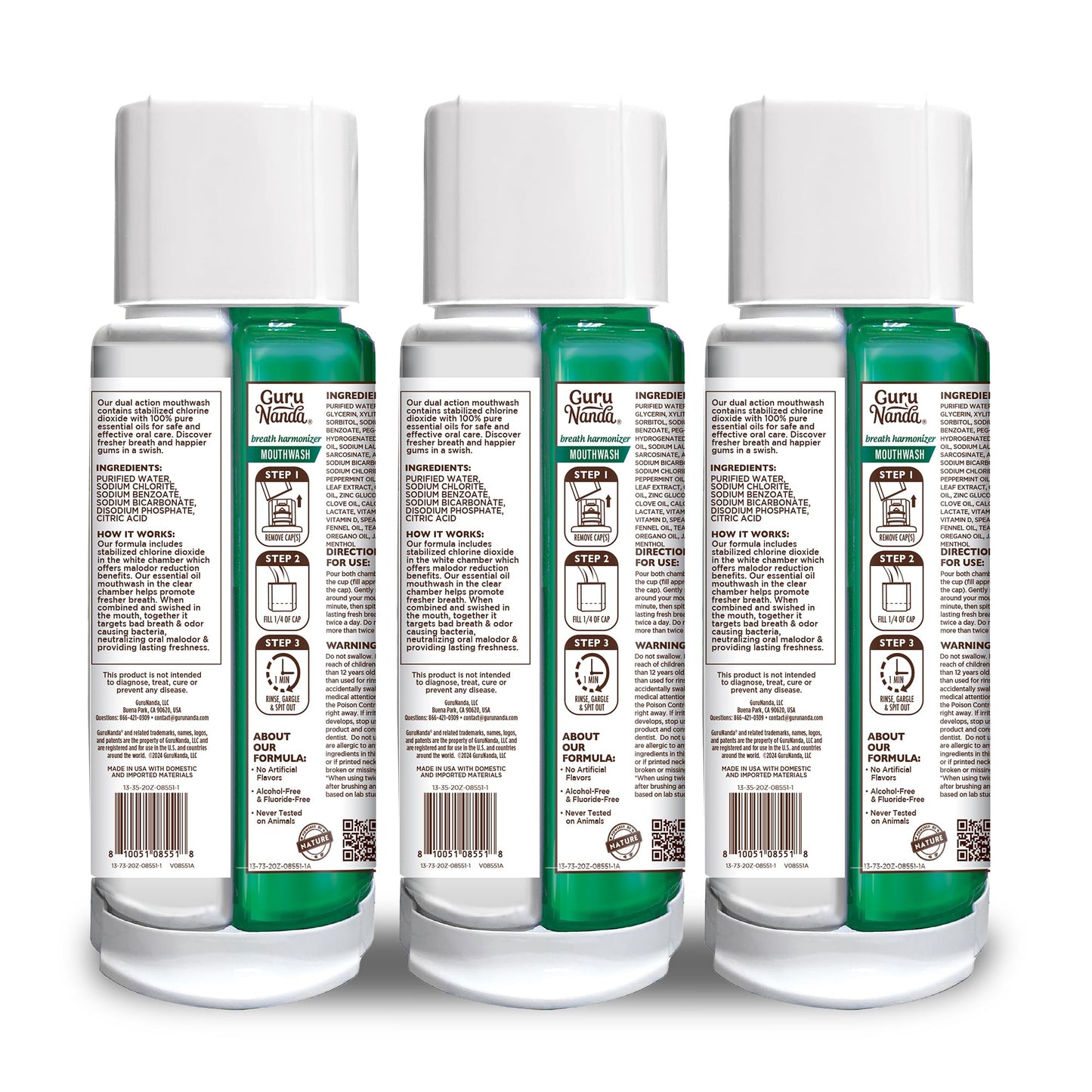 GuruNanda Dual Barrel Breath Harmonizer Mouthwash – Wild Mint, 3 Pack, Alcohol-Free & Fluoride-Free