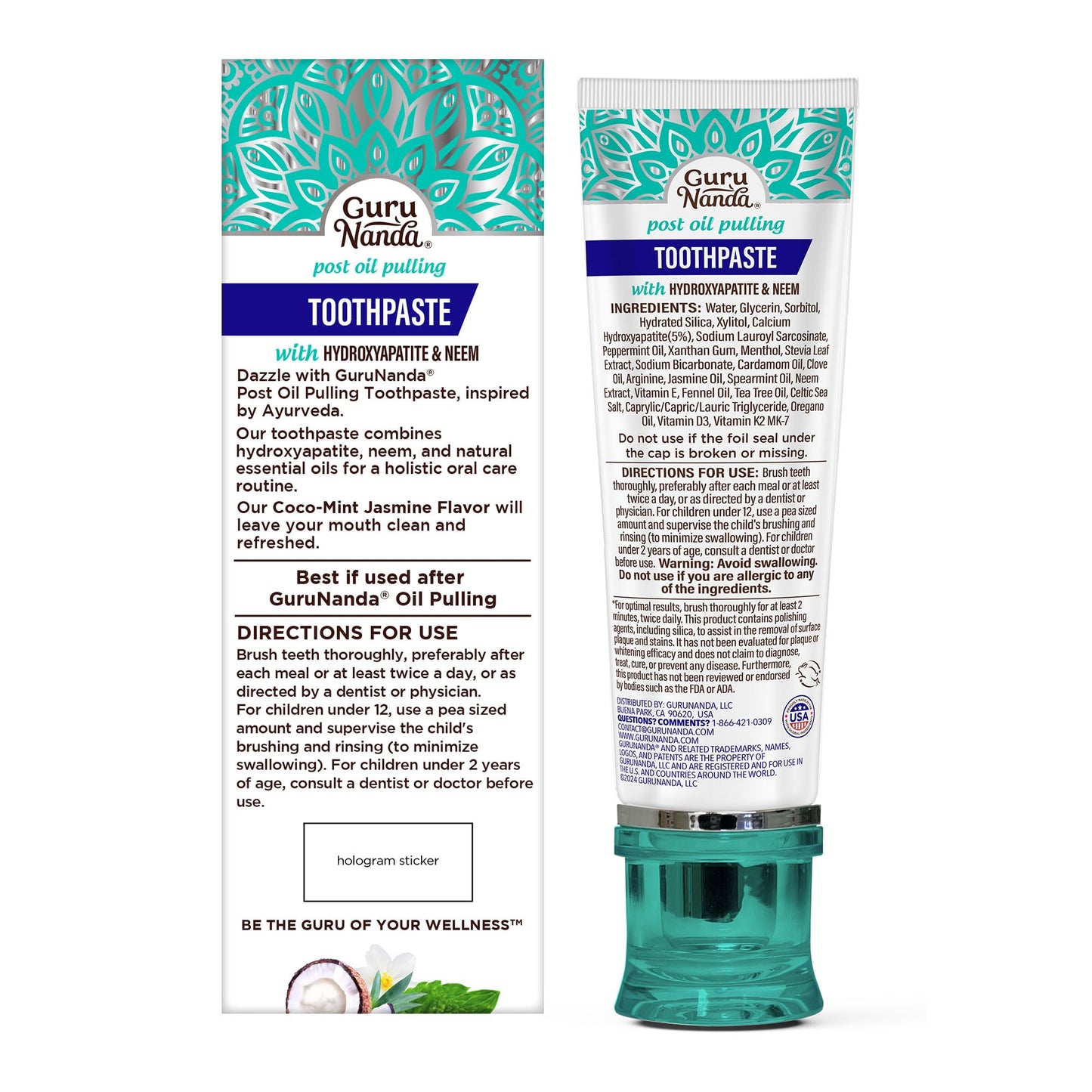 GuruNanda Hydroxyapatite Toothpaste – SLS & Fluoride Free, CocoMint Jasmine Neem (4.2oz Pack of 2)