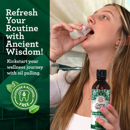 GuruNanda Starter Pulling Oil Mouthwash – Natural Teeth Whitening, Alcohol-Free, 2x8 oz with Tongue Scraper