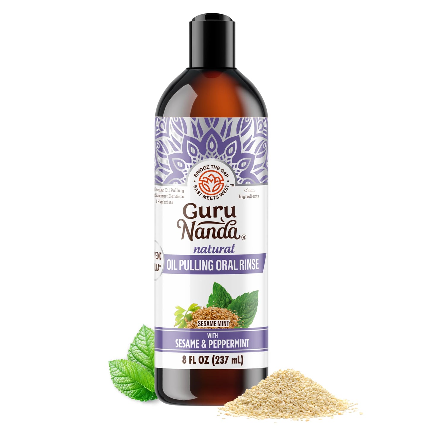 GuruNanda Sesame Mint Oil Pulling Mouthwash - Natural Oral Care, Alcohol-Free, 8 oz