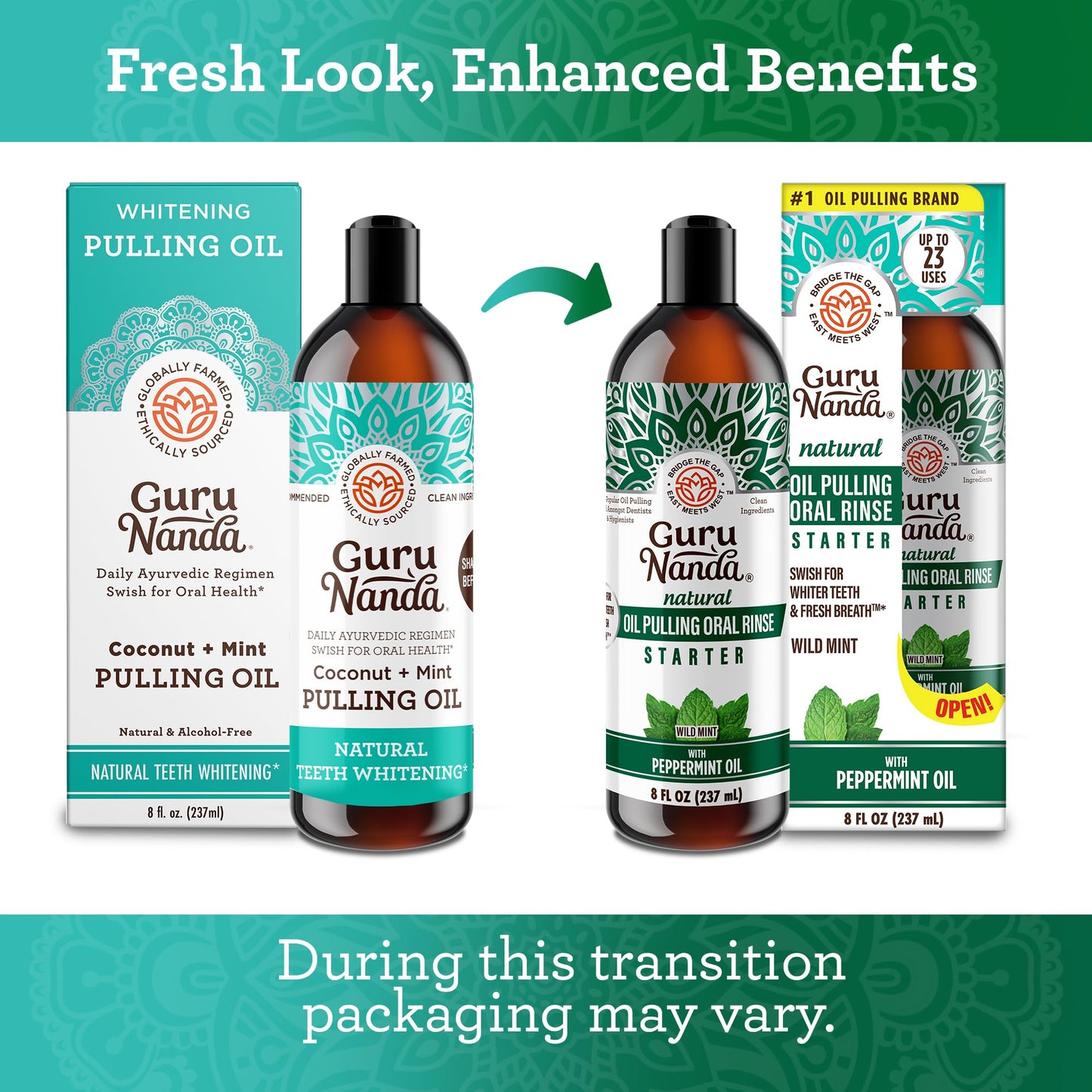 GuruNanda Starter Pulling Oil Mouthwash – Coconut & Peppermint, Alcohol-Free, 8 oz with Toothbrush & Tongue Scraper