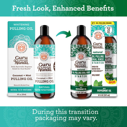 GuruNanda Starter Pulling Oil Mouthwash – Coconut & Peppermint, Alcohol-Free, 8 oz with Toothbrush & Tongue Scraper