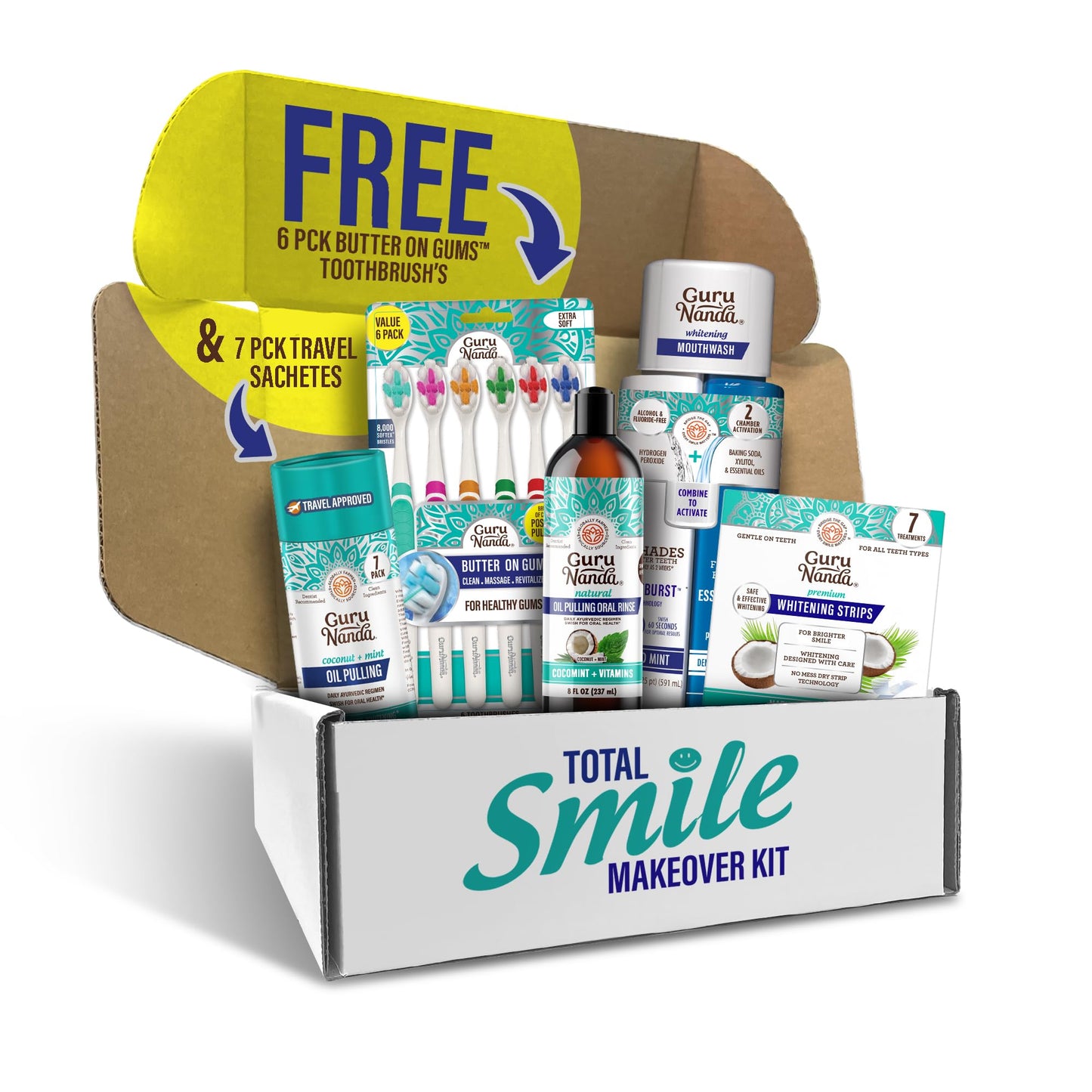 GuruNanda Total Smile Makeover Kit Regular | Cocomint Oil Pulling, Dual Barrel Whitening Mouthwash, Whitening Strips & Butter on Gums Toothbrushes