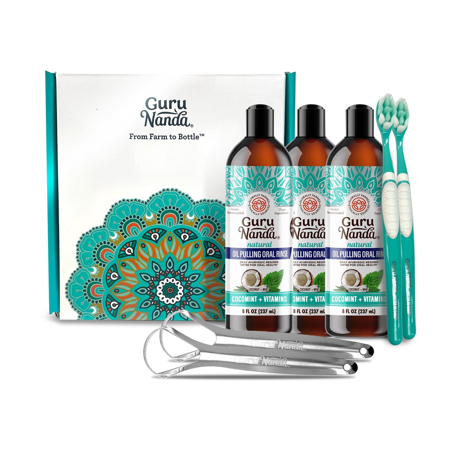 GuruNanda CocoMint Oil Pulling Mouthwash – 3×8 oz, Alcohol-Free, 2 Toothbrushes & 2 Tongue Scrapers