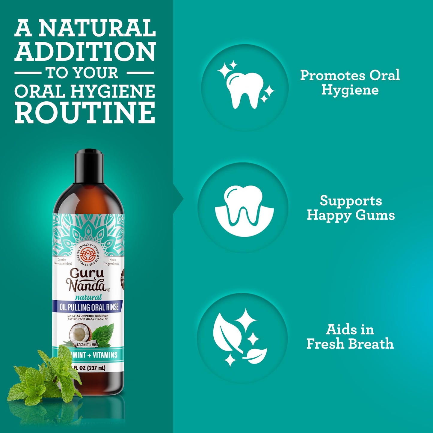 GuruNanda CocoMint Oil Pulling Mouthwash – 3×8 oz, Alcohol-Free, 2 Toothbrushes & 2 Tongue Scrapers