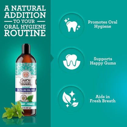 GuruNanda CocoMint Oil Pulling Mouthwash – 3×8 oz, Alcohol-Free, 2 Toothbrushes & 2 Tongue Scrapers