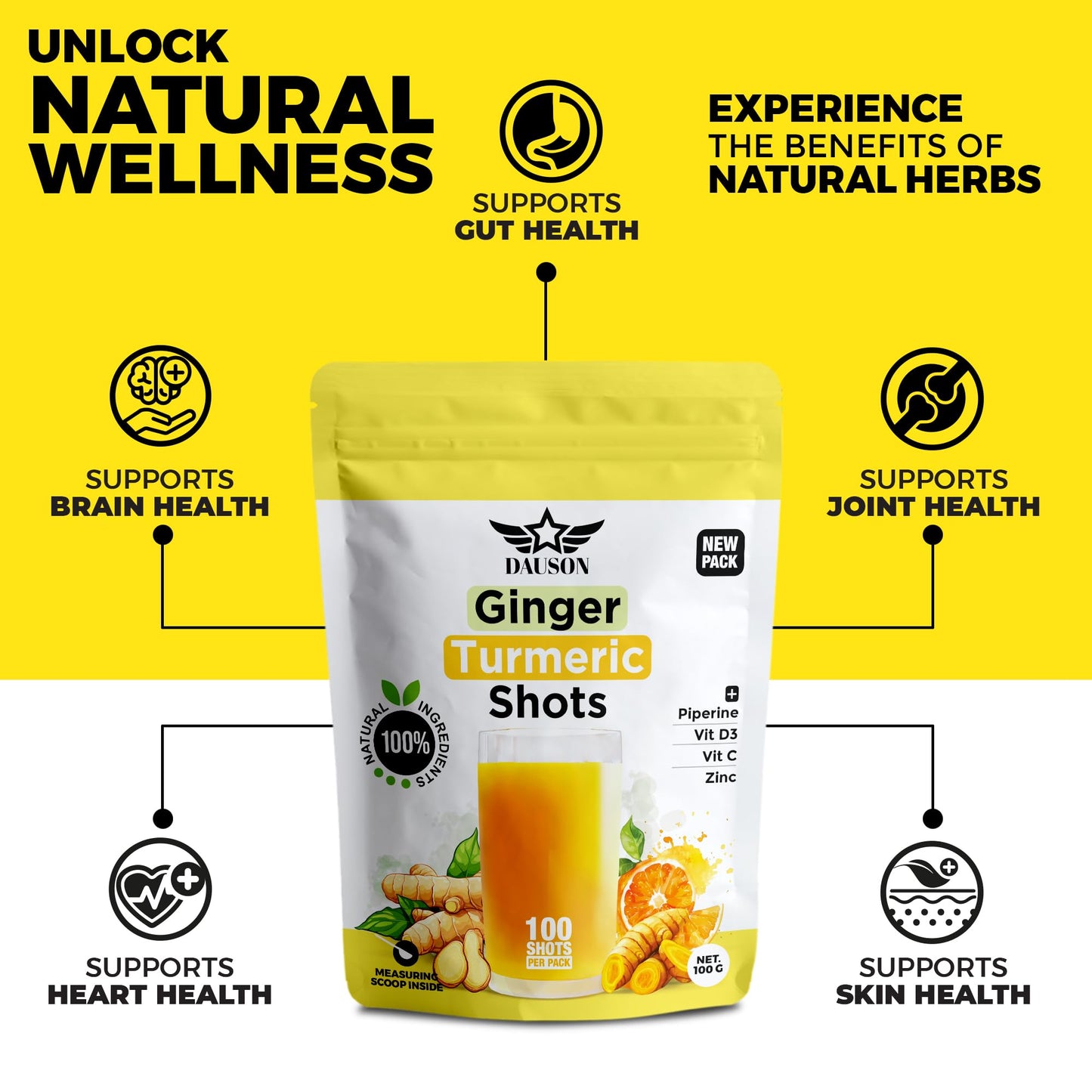 Ginger Turmeric Powder with Piperine, Vitamin C, Vitamin D3 & Zinc – 100 Servings