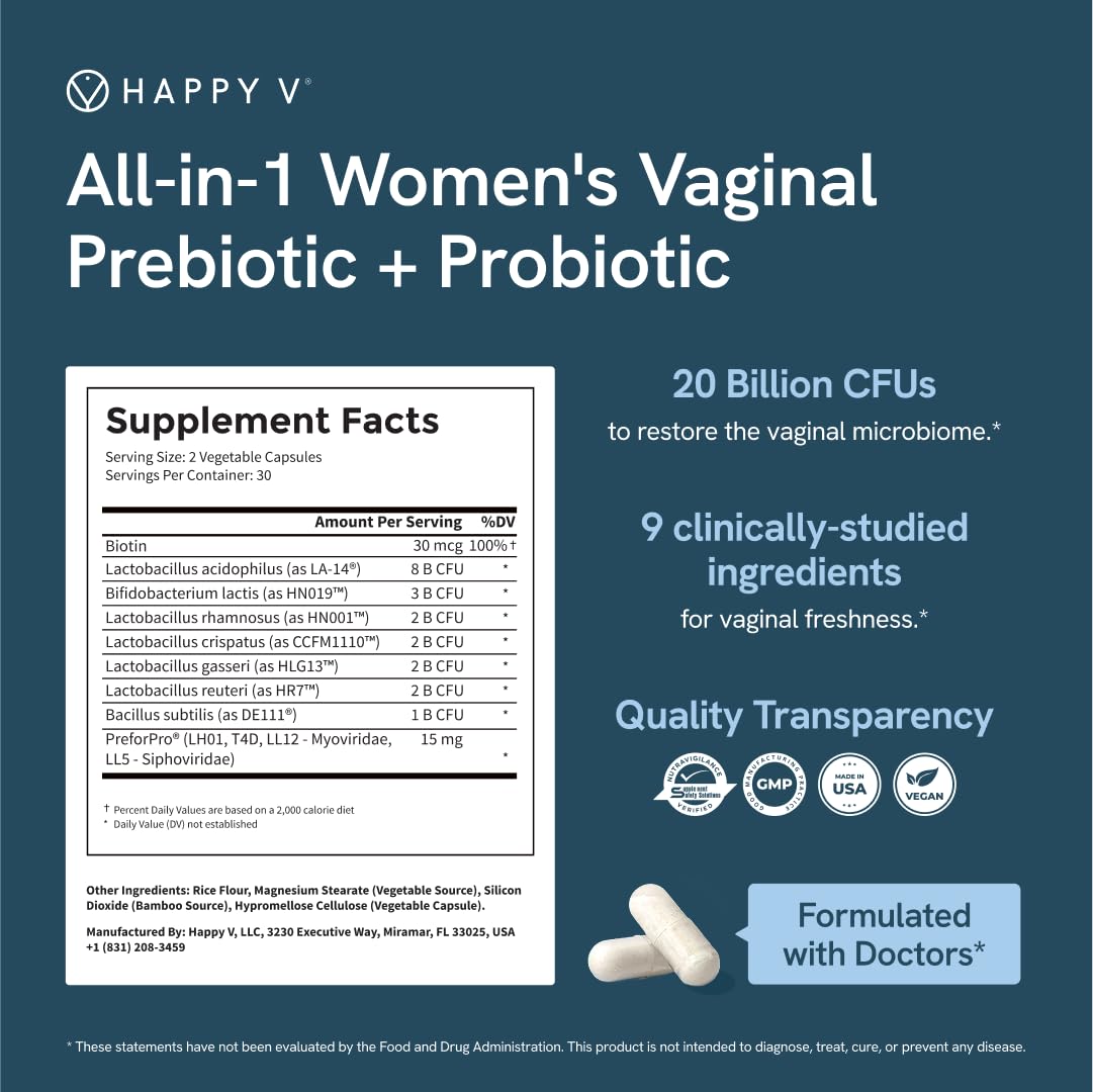 Happy V Dr. Formulated Vaginal Probiotics for Women – pH Balance, Urinary & Gut Support