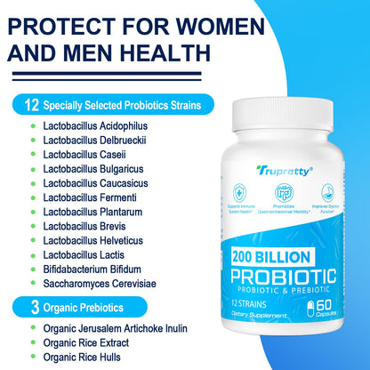 200 Billion CFU Probiotic – 12 Strains + 3 Organic Prebiotics, 240 Caps (240-Day), Non-GMO