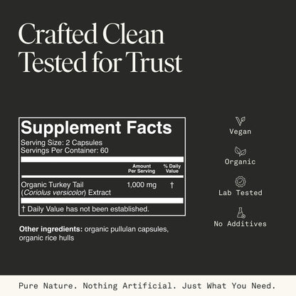 Organic Turkey Tail Mushroom Capsules – Immune & Gut Health (120 Caps, Vegan)
