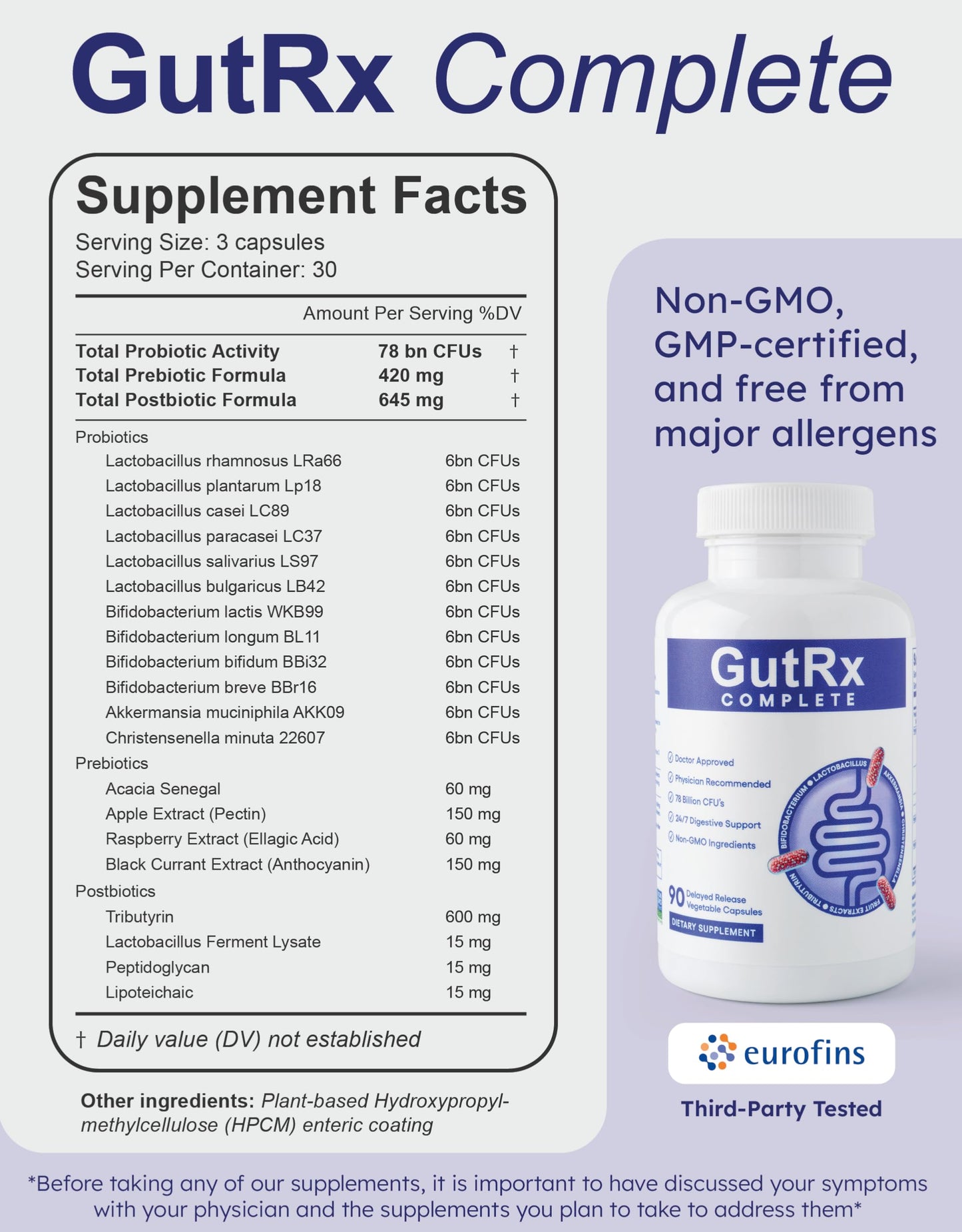 GutRx Complete Probiotic, Prebiotic & Postbiotic – 78B CFU with Akkermansia & Christensenella – 90 Count