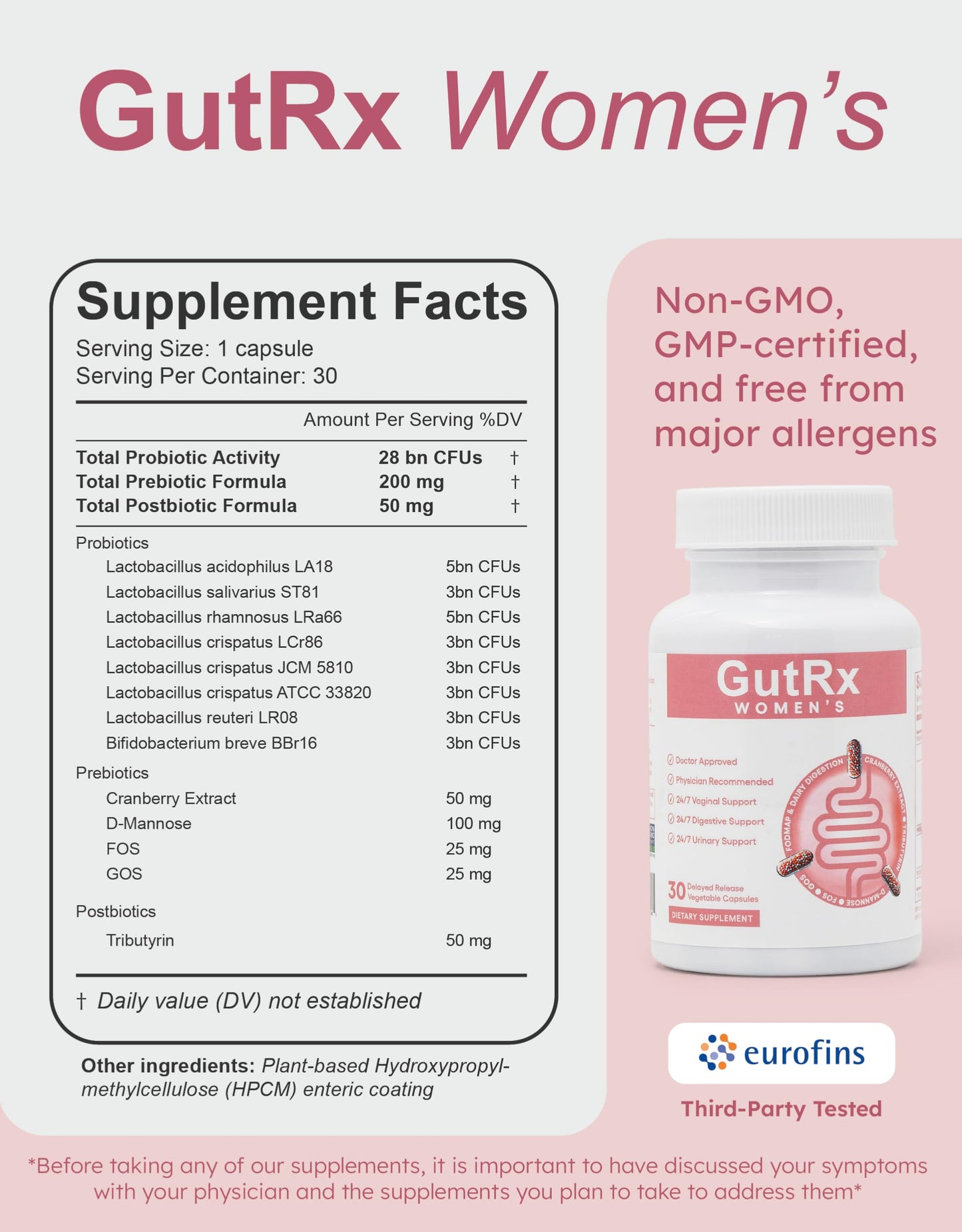GutRx Women's Probiotic – 28B CFU with Cranberry & D-Mannose | Vegan