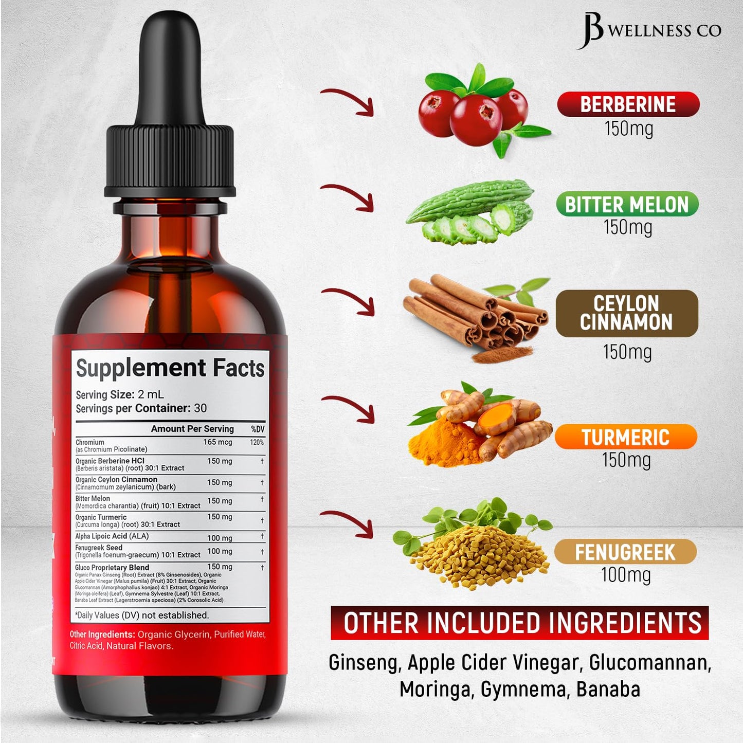 JB Wellness Co Berberine with Ceylon Cinnamon Liquid Drops – 6 oz Liposomal Formula