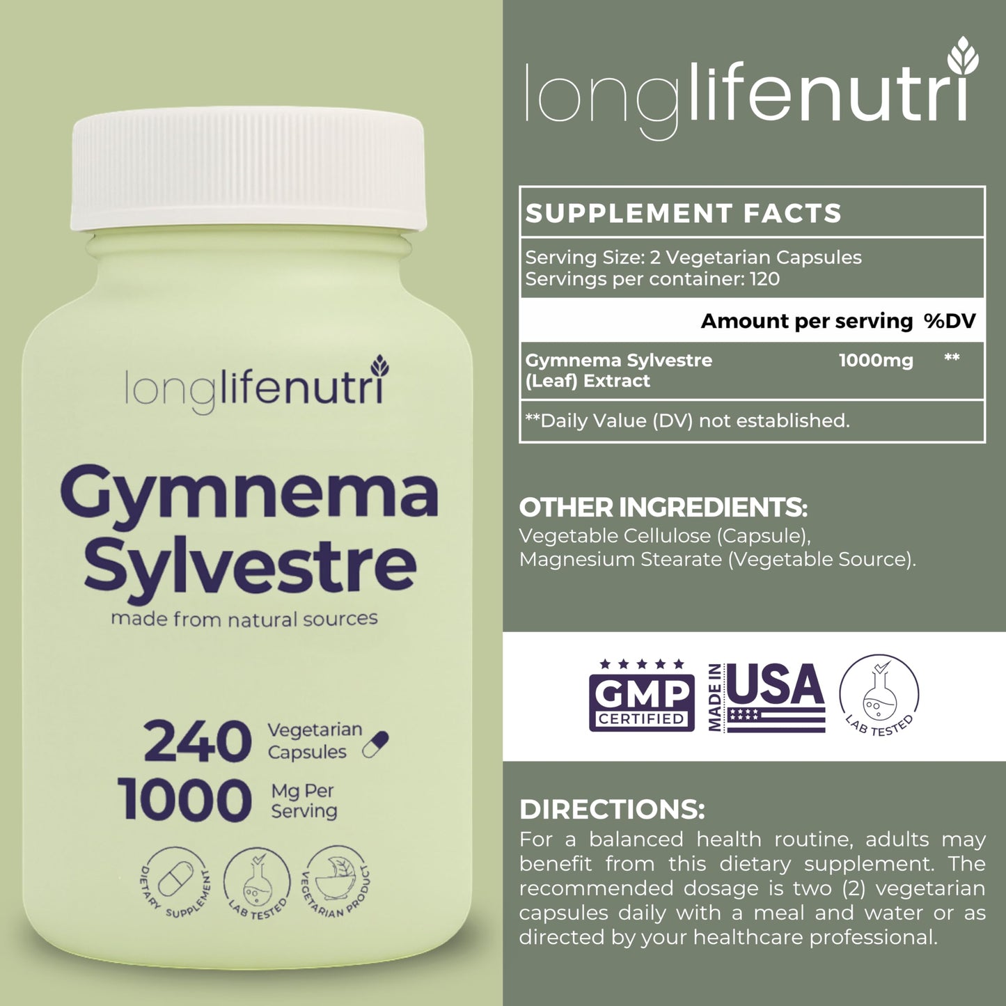LongLifeNutri Gymnema Sylvestre 1000mg Organic 20:1 Extract - 240 Veg Capsules - Made in USA