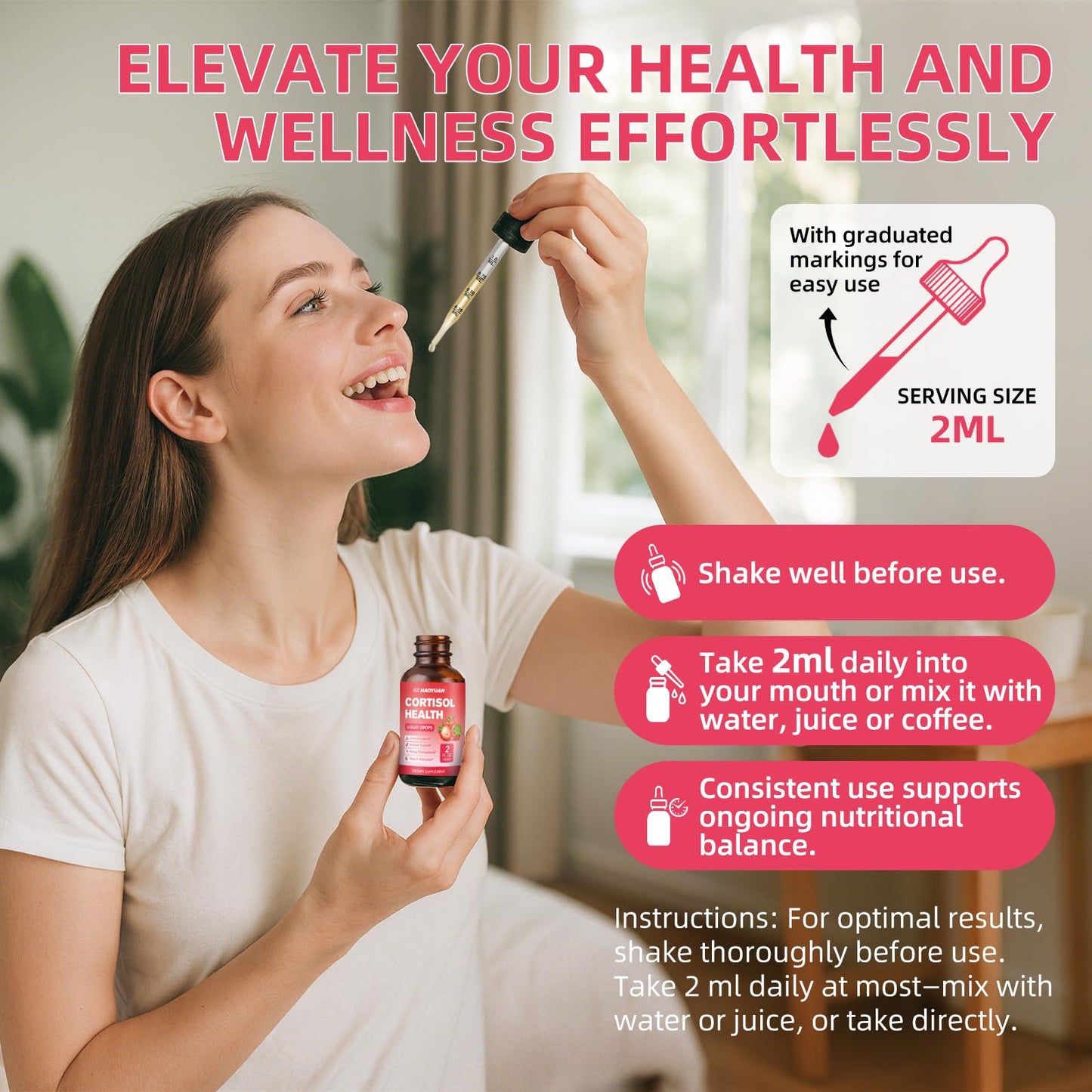 GZ HAOYUAN Cortisol Support Drops – 2 fl oz – Strawberry (Magnesium, Ashwagandha & L-Theanine)